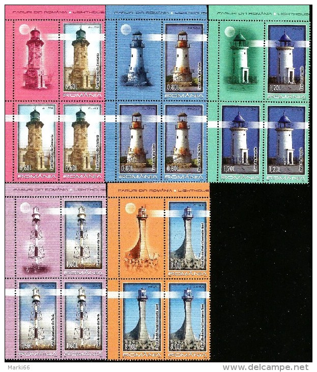Romania - 2010 - Lighthouses - Set Of Mint Corner Blocks - Unused Stamps