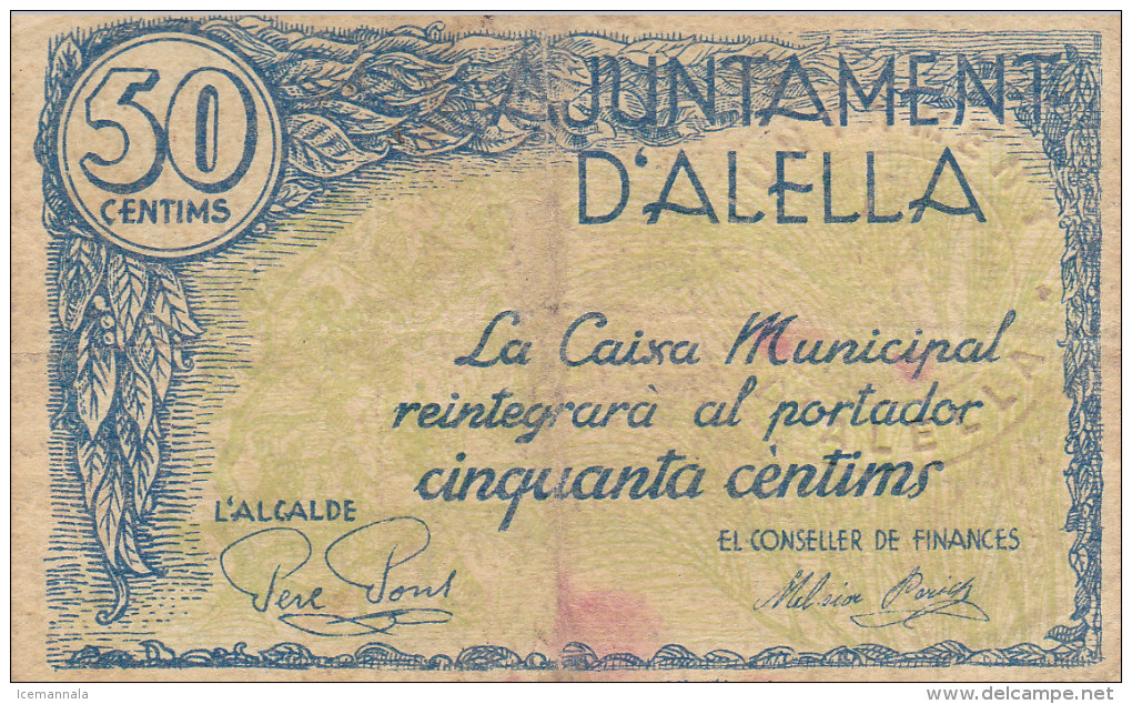 BILLETE LOCAL GUERRA CIVIL 50 CTS. D`ALELLA - Autres & Non Classés