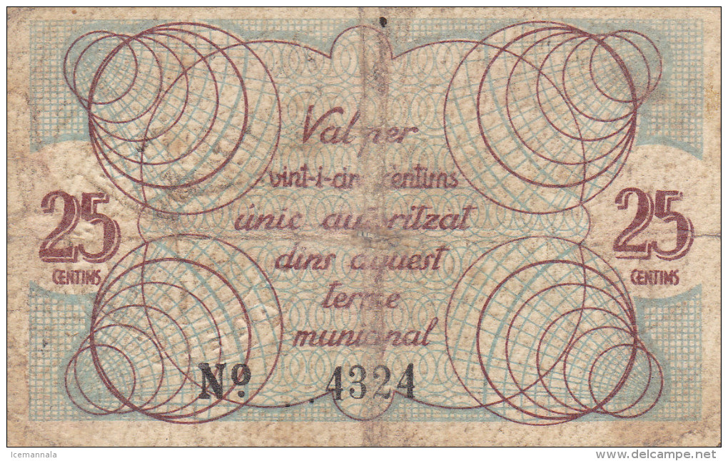 BILLETE LOCAL GUERRA CIVIL 25 CTS. D`ALELLA - Autres & Non Classés