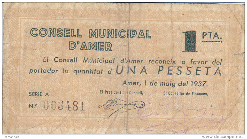 BILLETE LOCAL GUERRA CIVIL 1 PTS CONSELL MUNICIPAL D`AMER - Autres & Non Classés