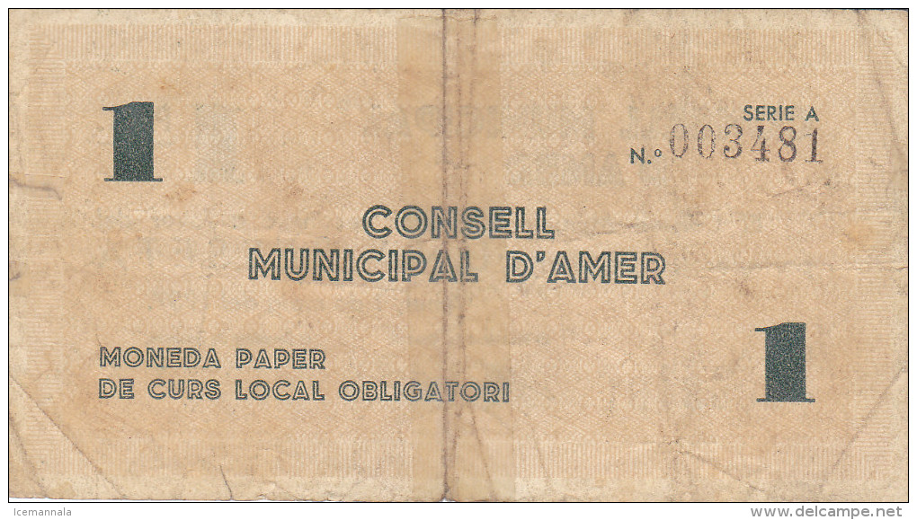 BILLETE LOCAL GUERRA CIVIL 1 PTS CONSELL MUNICIPAL D`AMER - Autres & Non Classés