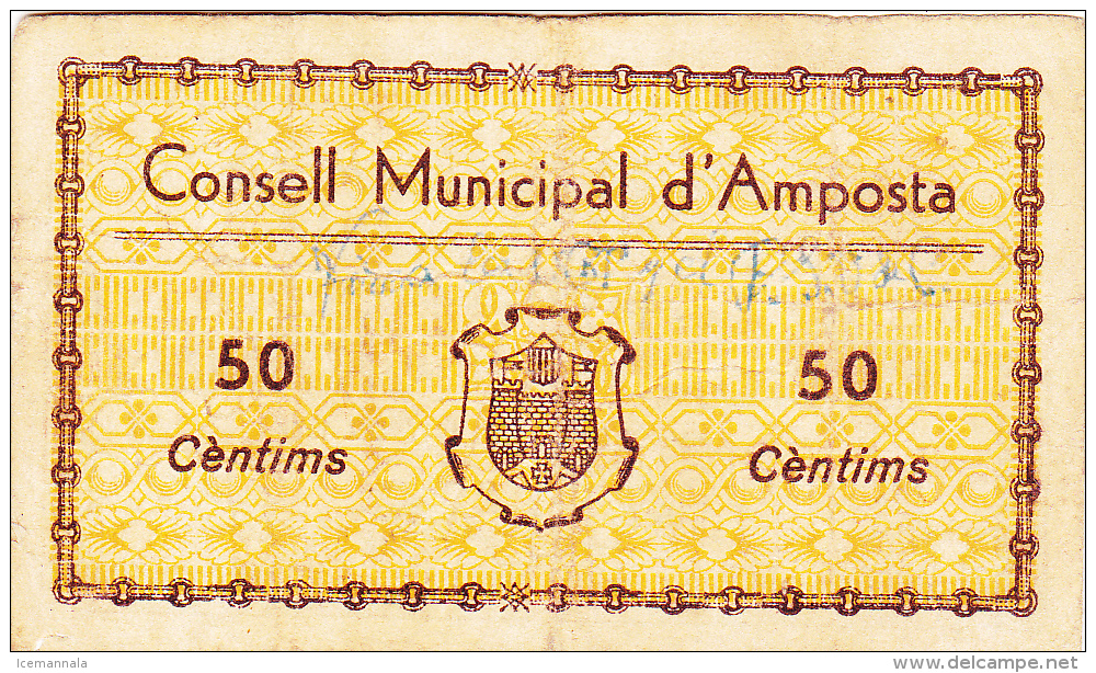 BILLETE LOCAL GUERRA CIVIL 50 CTS  CONSELL MUNICIPAL D`AMPOSTA - Autres & Non Classés