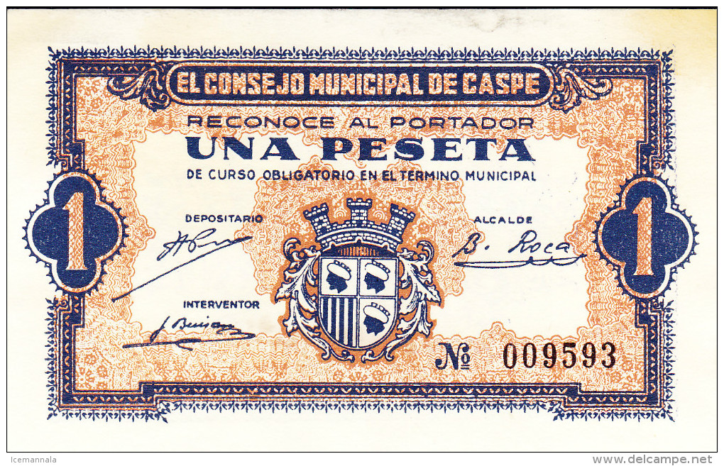 BILLETE LOCAL GUERRA CIVIL 1 PTS EL CONSEJO MUNICIPAL DE CASPE - Autres & Non Classés