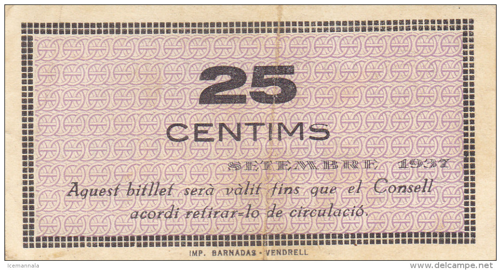 BILLETE LOCAL GUERRA CIVIL 25 CTS CONSELL MUNICIPAL DOMENYS DEL PENEDES - Autres & Non Classés