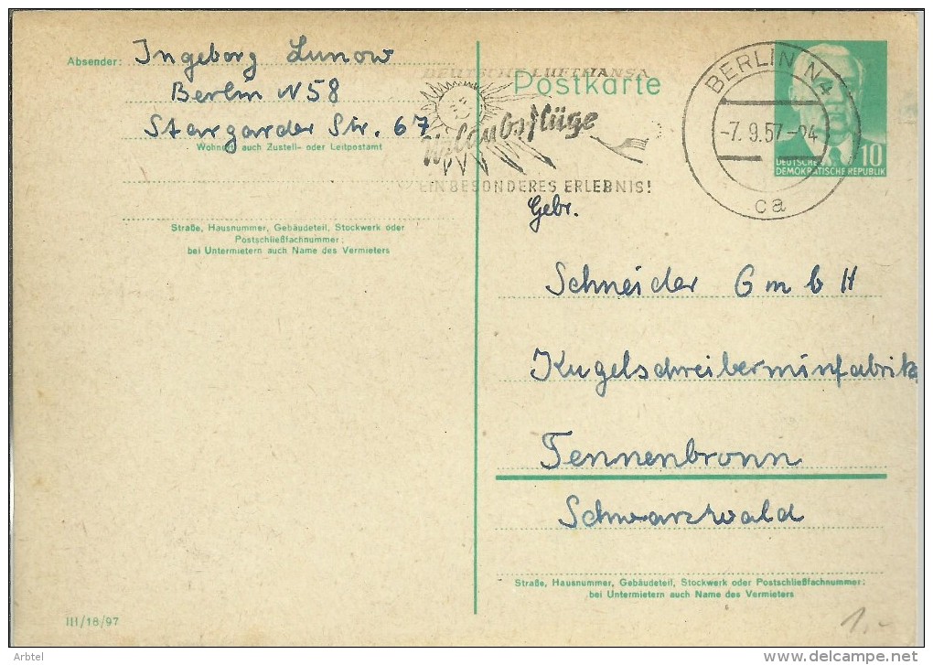 ALEMANIA DDR ENTERO POSTAL 1957N MAT BERLIN SOL - Sonstige & Ohne Zuordnung