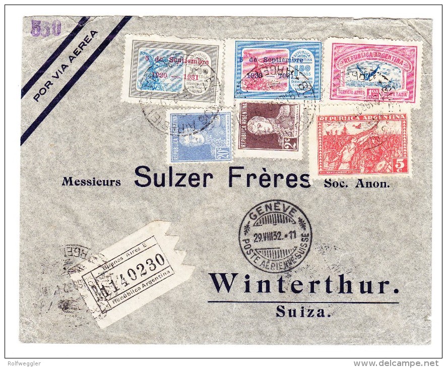 R-Flugpost Brief  Buenos-Aires 19AGO1932 Nach Winterthur Mit Ak-Stempel (2 Marken Mit Aufdruck) - Lettres & Documents