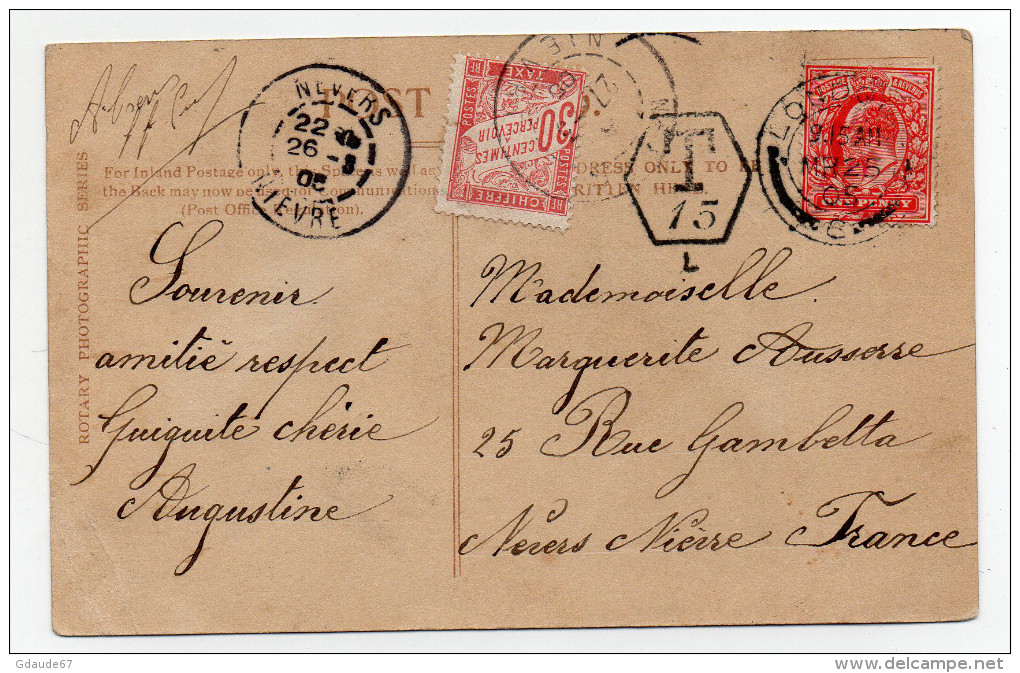 1905 - CP De LONDON Pour NEVERS (NIEVRE) Avec TAXE FRANCAISE De 30cts - Briefe U. Dokumente