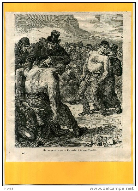 -MOEURS AMERICAINES . UN COMBAT A LA BOXE .  GRAVURE SUR BOIS  DU XIXe S  . DECOUPEE ET COLLEE SUR PAPIER . - Autres & Non Classés