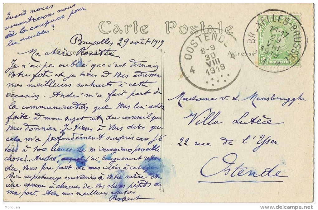 9528. Postal BRUXELLES (Belgica) 1919 A Ostende. Fechador GAND - Cartas & Documentos