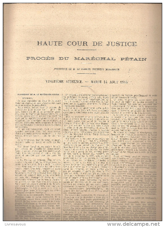 Procès Du Maréchal Pétain Vingtième Andience Du Mardi 14 Août 1945 (20 ème Fascicule) - French