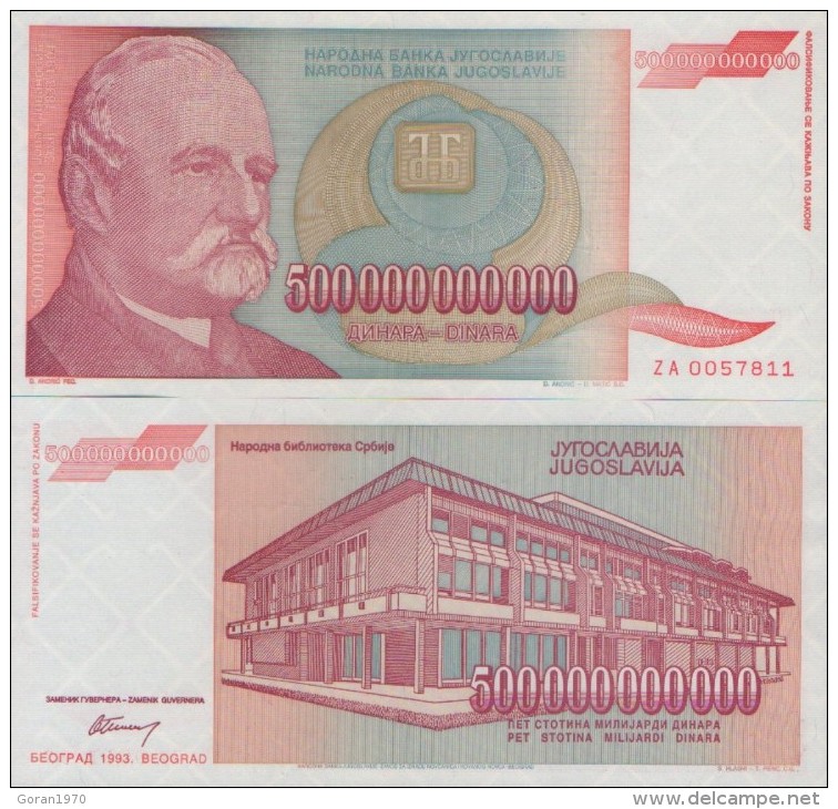 YUGOSLAVIA 500.000.000.000 DINARA 1993 , P-137 ,  UNC  ( ZA Series) Replacement - Joegoslavië