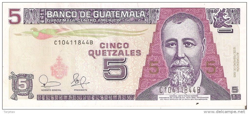 BILLETE DE GUATEMALA DE 5 QUETZALES DEL 12 DE FEBRERO 2003  (BANKNOTE) - Guatemala
