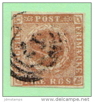 DEN SC #2b  Royal Emblems  4-margins Defective "B" In "RBS", CV $55.00 - Used Stamps