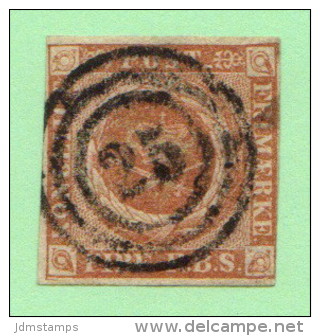 DEN SC #2b  Royal Emblems  3+ Margins  "25" (Horsholm) In Concentric Circles  Double FL@ LL, CV $55.00 - Used Stamps