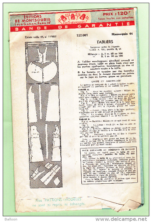 Patron Modèle - 112 007 - Tabliers - Edité Par L´Echo De La Mode - Editions De MONTSOURIS - Avec Bande De Garantie - Patrons