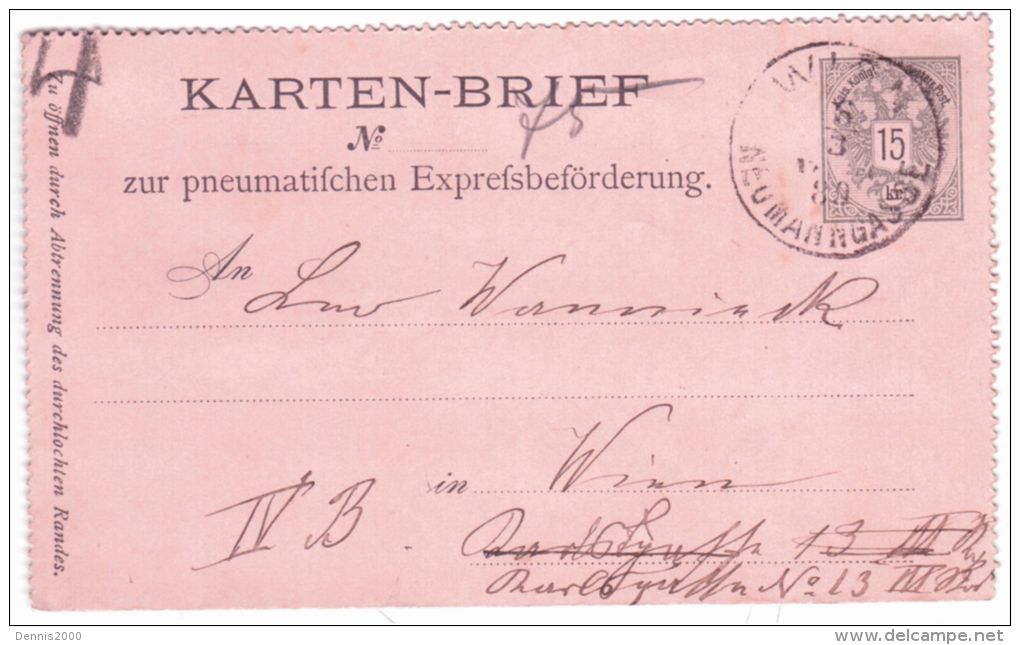 1889- From Wien  : Karten-Brief  " Zur Pneumatifchen .... "  E P 15heller - Briefe U. Dokumente