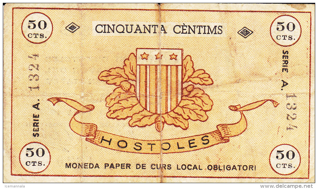 BILLETE LOCAL GUERRA CIVIL 50 CTS   AYUNTAMIENTO DE HOSTOLES - Autres & Non Classés