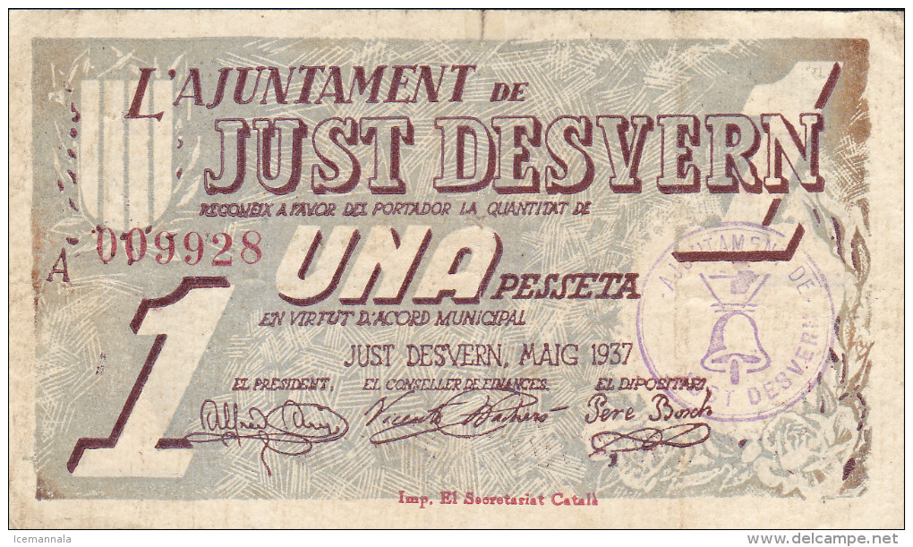 BILLETE LOCAL GUERRA CIVIL 1 PTS  AYUNTAMIENTO DE JUST DESVERN - Autres & Non Classés