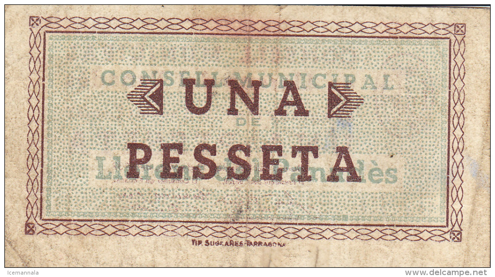 BILLETE LOCAL GUERRA CIVIL 1 PTS  CONSELL MUNICIPAL DE LLORENS DEL PANADES - Autres & Non Classés