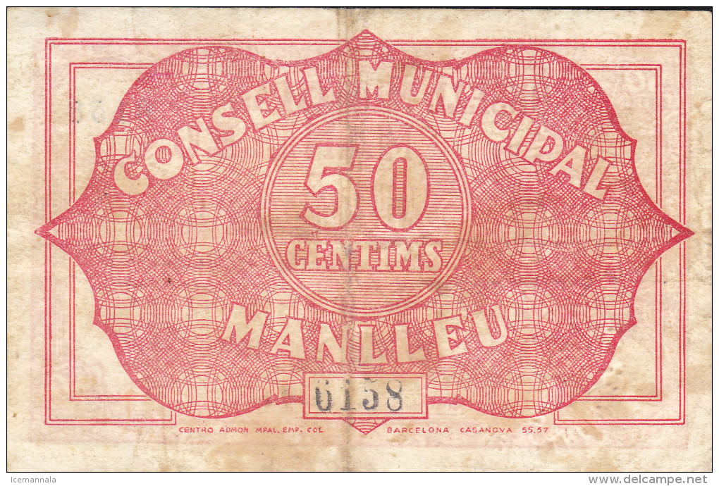 BILLETE LOCAL GUERRA CIVIL 50 CTS CONSELL MUNICIPAL DE MANLLEU - Autres & Non Classés