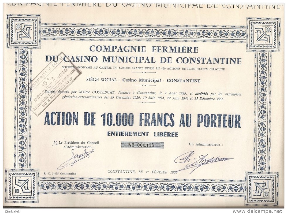 COMPAGNIE FERMIERE DU CASINO MUNICIPAL DE CONSTANTINE - RARE !!! - Casinos