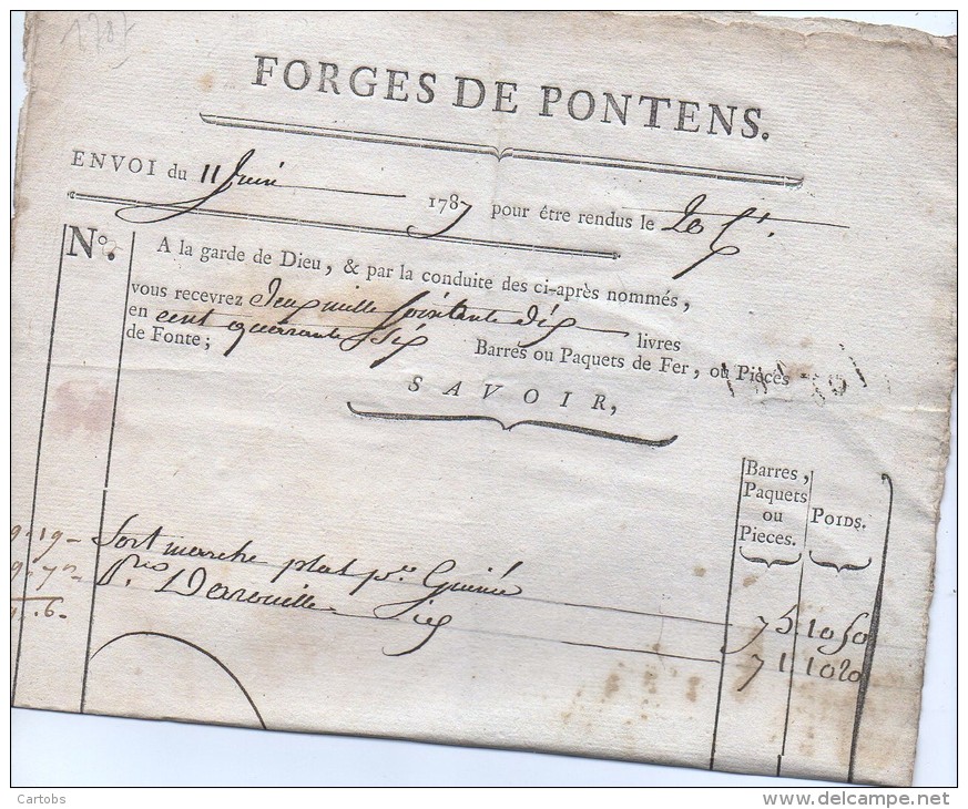 Facture Des FORGES De PONTENS  Du 11 Juin 1787 (rare Très Beau Document) (voir Les 2 Scans) - ... - 1799