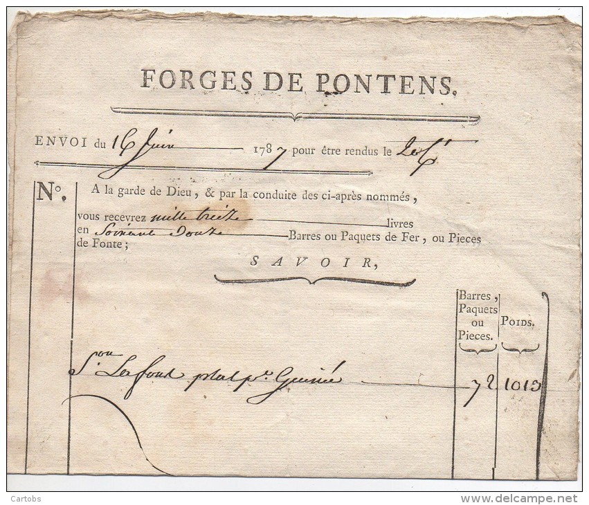 Facture Des FORGES De PONTENS  Du 16 Juin 1787 (rare Très Beau Document) (voir Les 2 Scans) - ... - 1799