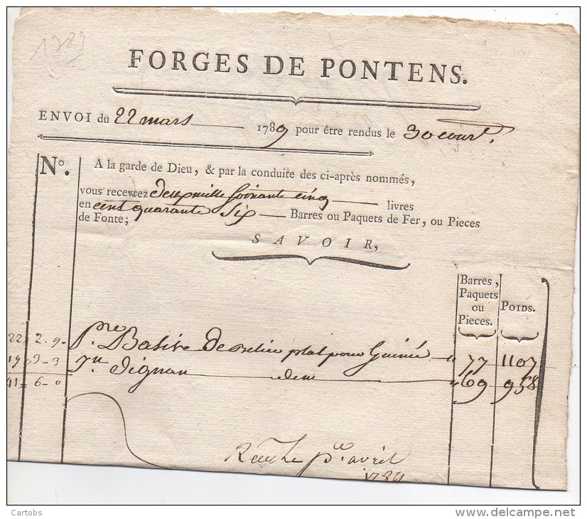 Facture Des FORGES De PONTENS  Du 22 Mars 1789 (rare Très Beau Document) (voir Les 2 Scans) - ... - 1799
