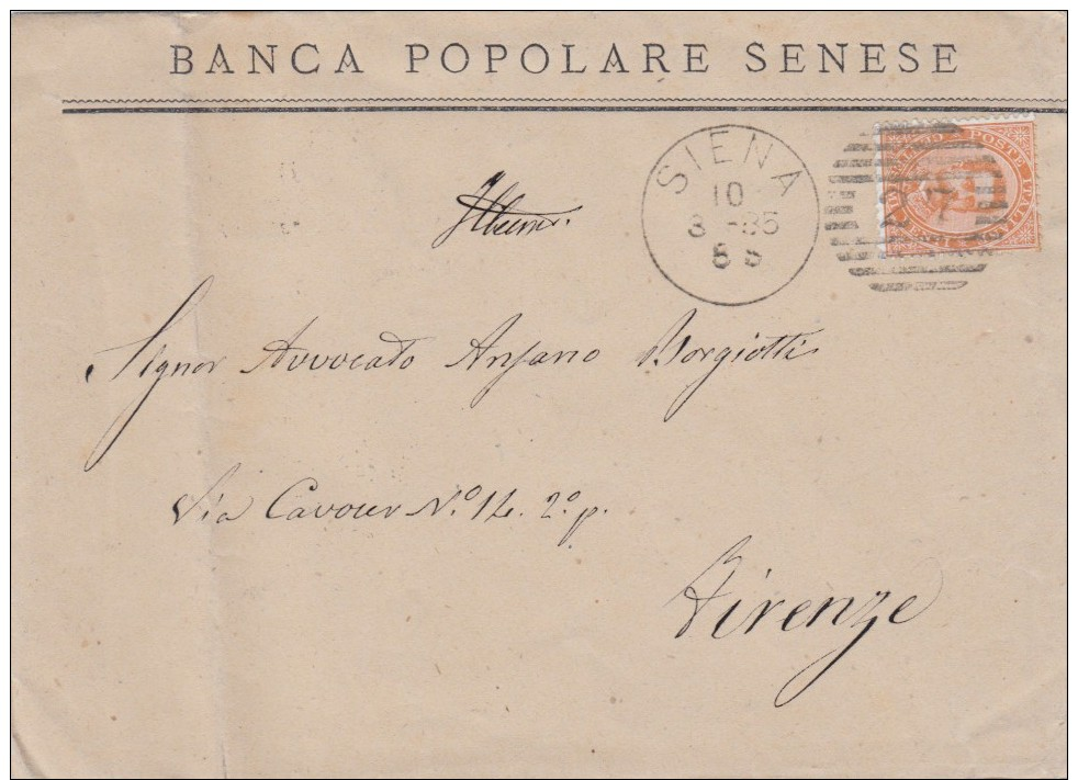 SIENA 1885 - BANCA POPOLARE SENESE / EFFIGIE CENT. 20 / ANNULLO NUMERALE A BARRE 27  - S3452 - Storia Postale