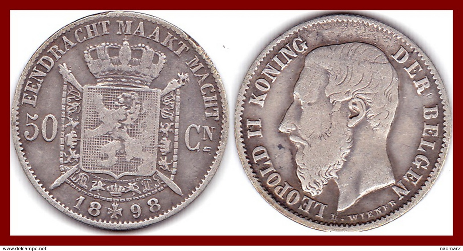 BELGIQUE 50 CENTIMES LEOPOLD II 1898 KONING DER BELGEN ARGENT SILVER 835°/°° FLAMAND KM # 27 TTB - 50 Centimes