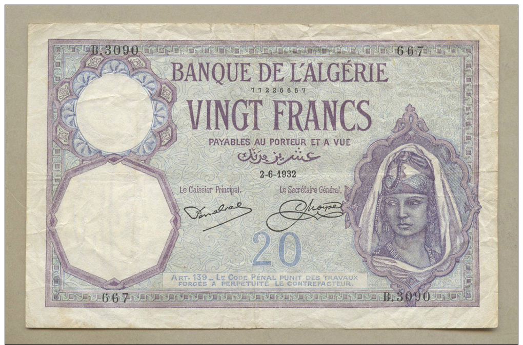 Algeria - 20 Francs  1932  P78b  About Fine !!!!!!!!!!!!!!!! ( Banknotes ) - Algérie