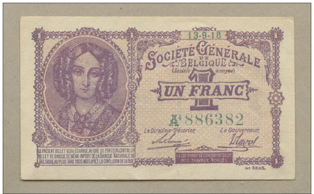 BELGIUM - 1 Franc  1918  P86  EF  ( Banknotes ) - 1-2 Francs