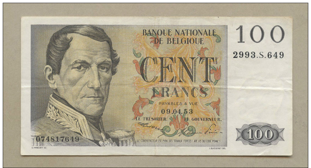 BELGIUM - 100 Francs  1953  P129a  VF  ( Banknotes ) - 100 Francs