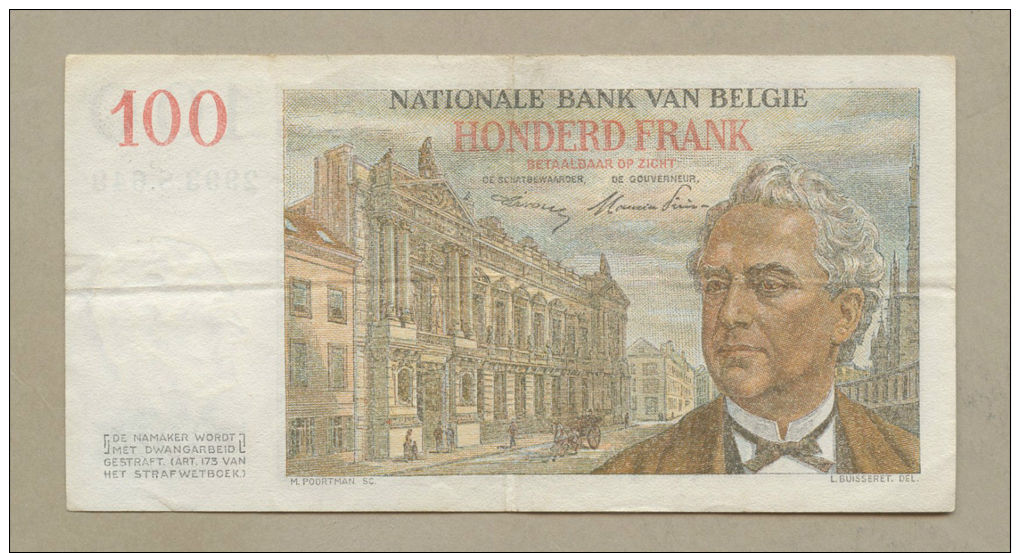 BELGIUM - 100 Francs  1953  P129a  VF  ( Banknotes ) - 100 Francs