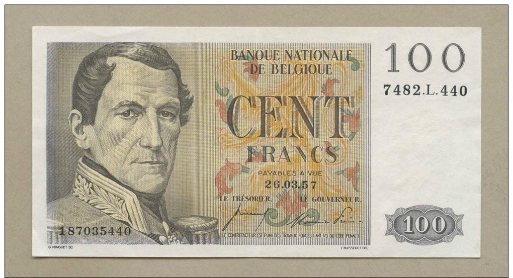 BELGIUM - 100 Francs  1957  P129b  Choice VF-EF  ( Banknotes ) - 100 Francs