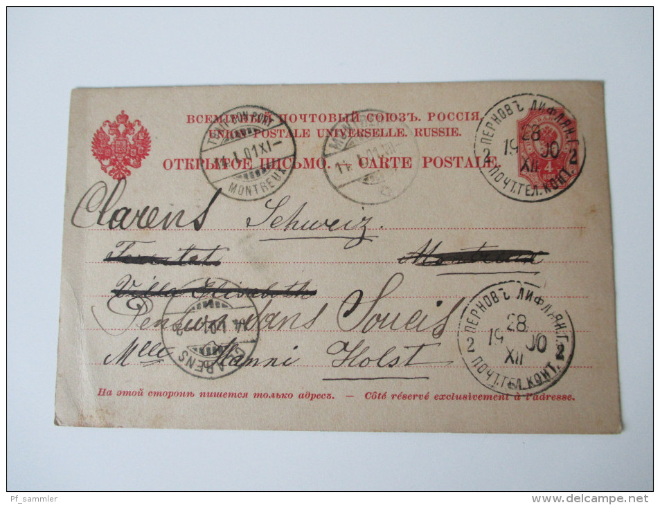 Russland Ganzsache 1900/01 Pernau - Schweiz 28.12.1900 - 14.1.1901 Über Silvester Befördert! Jahreswechsel. 5 Stempel - Brieven En Documenten