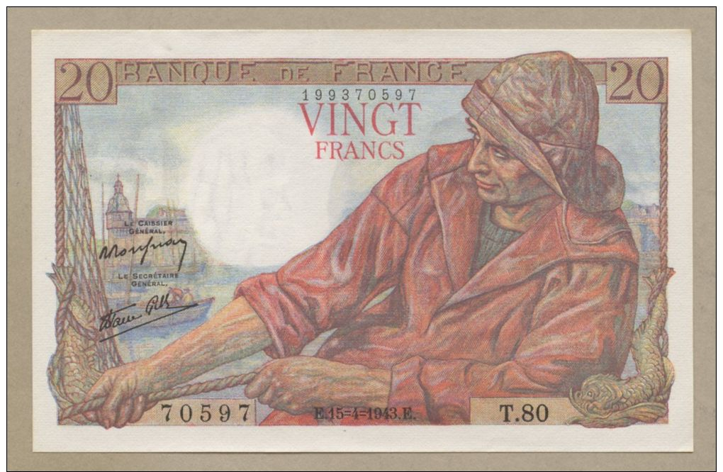 FRANCE - 20 Francs  1943  P100a  Uncirculated  ( Banknotes ) - 20 F 1942-1950 ''Pêcheur''