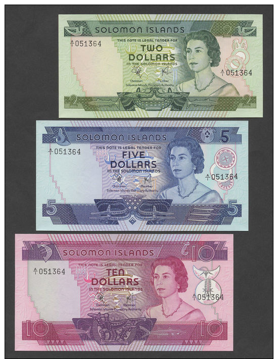 SOLOMON ISLANDS - $2, $5, $10 -NUMBER SET- QEII  P5-7  Uncirculated  ( Banknotes ) - Salomons