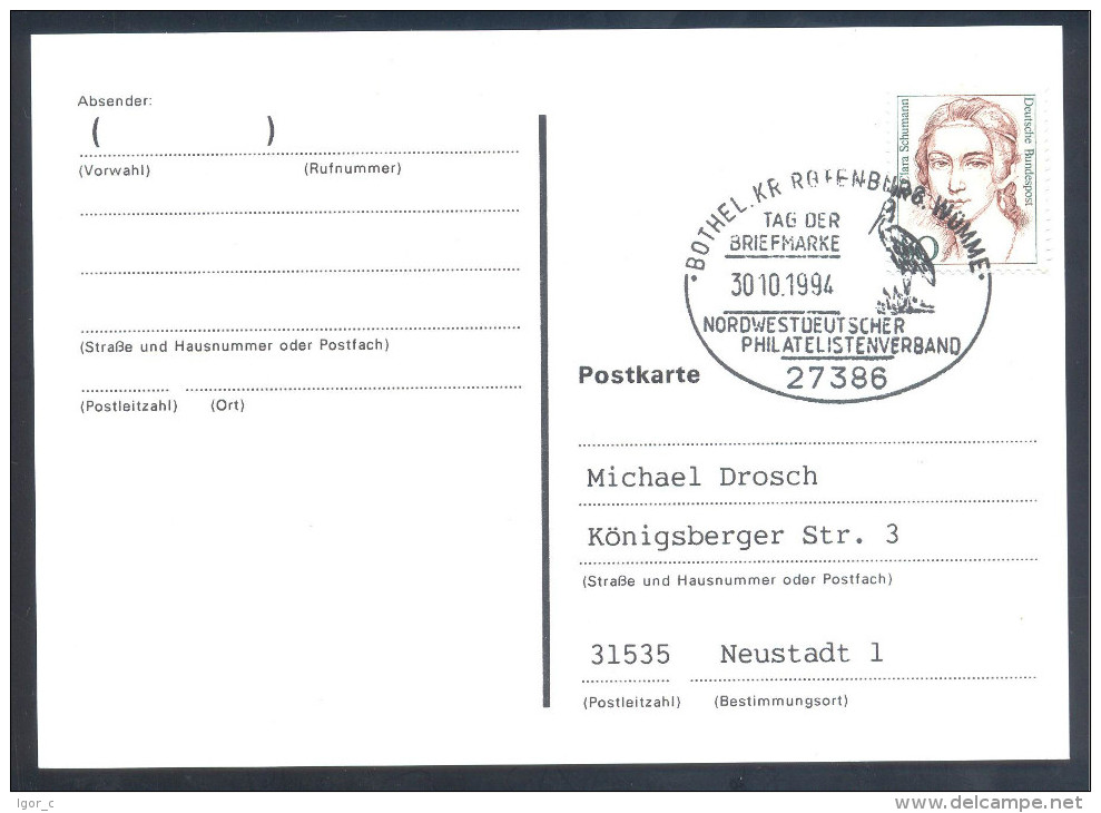 Germany Deutschland Fauna Stork Störche 1994 Card Stork Cancellation - Cigognes & échassiers