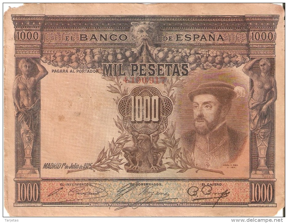 BILLETE DE ESPAÑA DE 1000 PTAS DEL AÑO 1925 DE CARLOS I EN RC - DESCUIDADO (BANKNOTE) - 1000 Pesetas