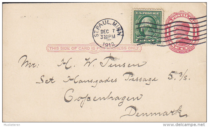 United States Uprated Postal Stationery Ganzsache Entier 1 C McKinley ST. PAUL Minn. 1912 To Denmark (2 Scans) - 1901-20