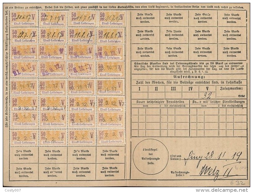 Germany ALSACE LORRAINE Revenue Social Insurance (32 Stamps) On 1917 Card D.113 - Dienstmarken
