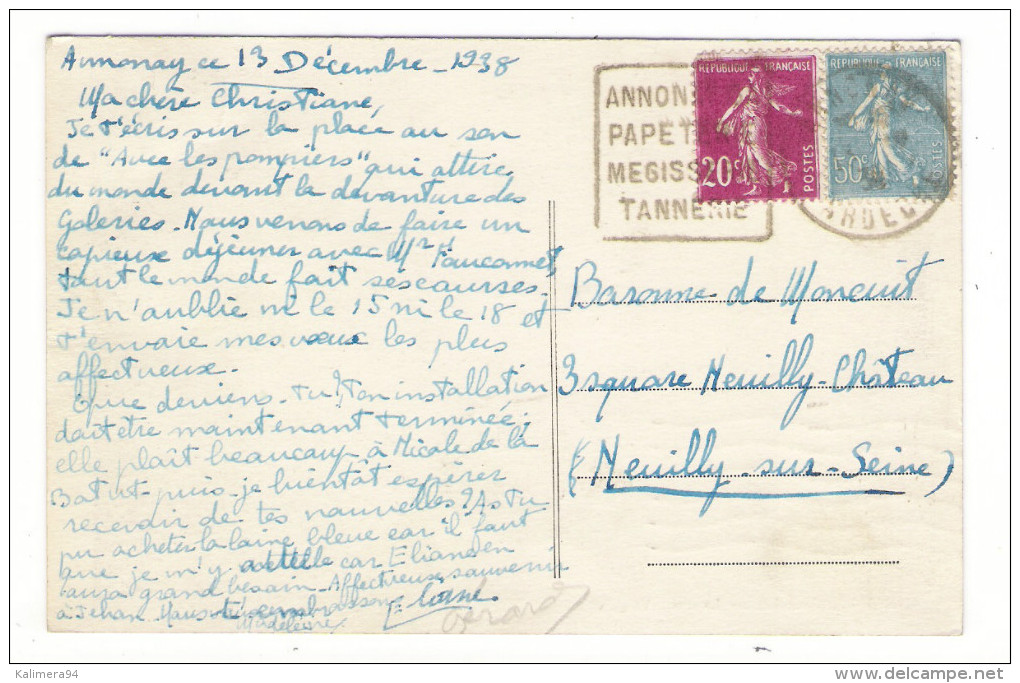 ARDÈCHE  /  ANNONAY  /  LE  PONT  VALGELAS / Beau Cachet : DAGUIN De 1938 / Adressée à La BARONNE DE MONCUIT - Annonay