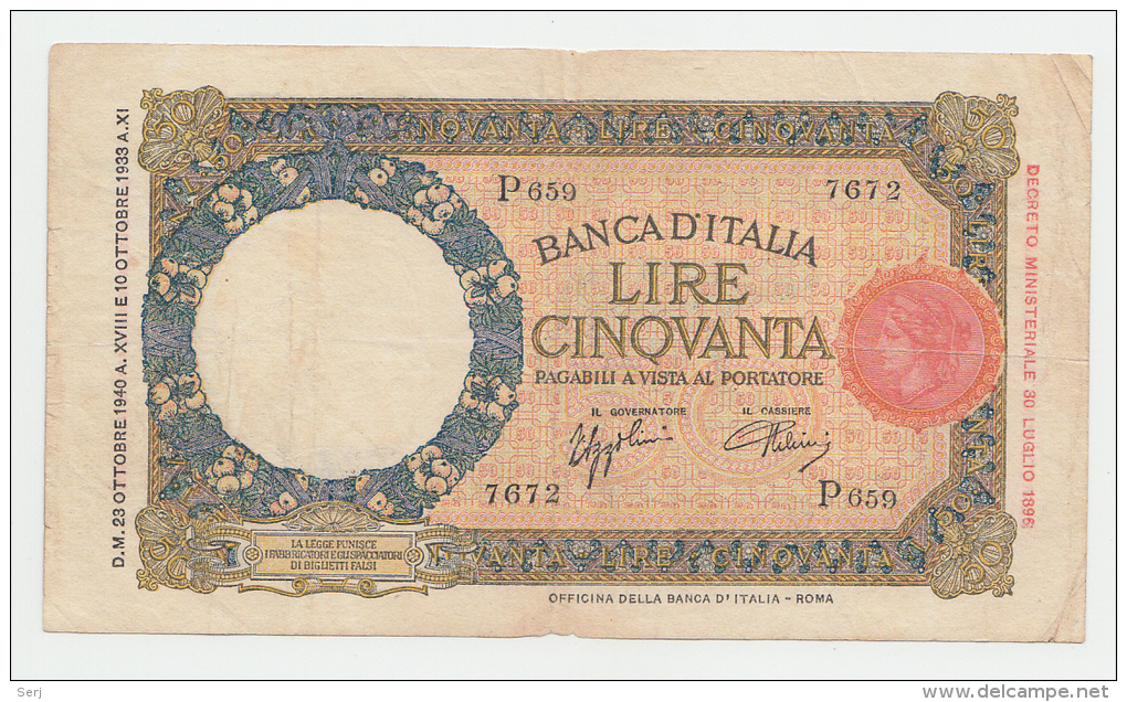 Italy 50 Lire 1940 "aVF" RARE Banknote P 54b - 50 Lire