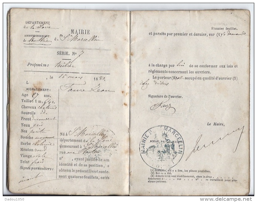 Livret D'ouvrier 1880 à ST Marcellin 38 - Historical Documents