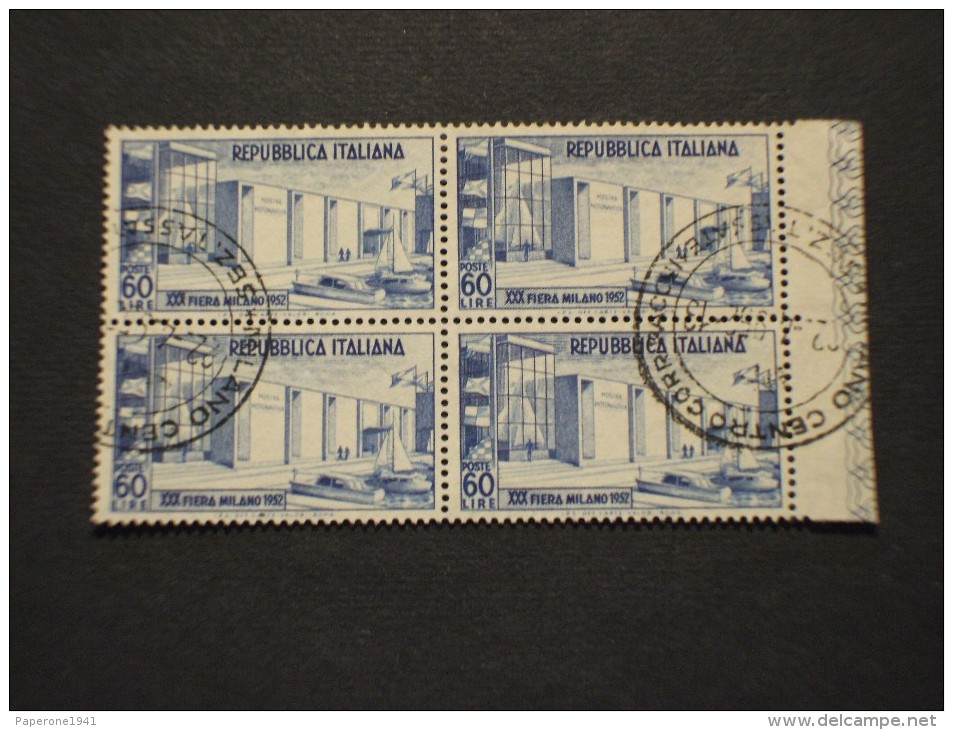 ITALIA REP.- 1952 FIERA DI MILANO L.60 IN QUARTINA(black Of Four) CON ANNULLO-(US.) - 1946-60: Usati