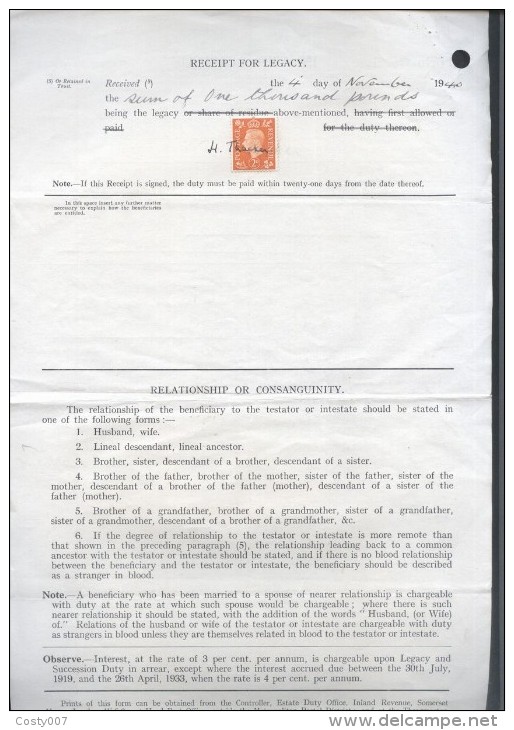 Great Britain 1939 Postal History Rare Inland Revenue Document Legacy Receipt D.160 - Fiscaux