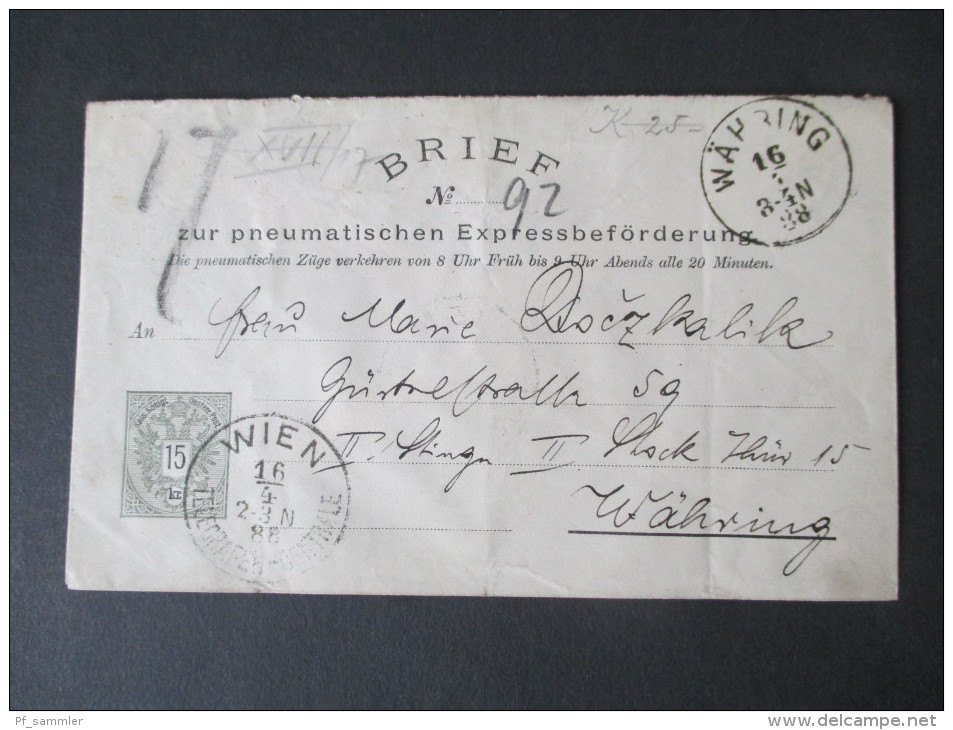 Österreich Rohrpost Umschlag RU 7 Gebraucht / Gelaufen! Wien Telegrafen - Centrale 16.4.1888 - Briefe U. Dokumente