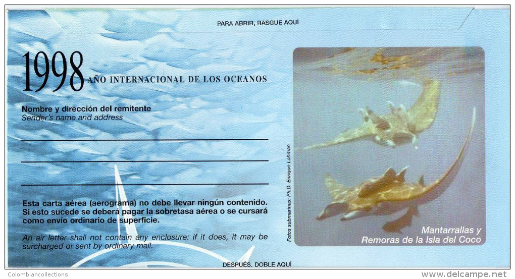 Lote SC531, Costa Rica, 1998. Sobre, Cover, Aerograma, Aerogramme, Isla Del Coco, World Heritage, Fauna, Manta Ray - Non Classés