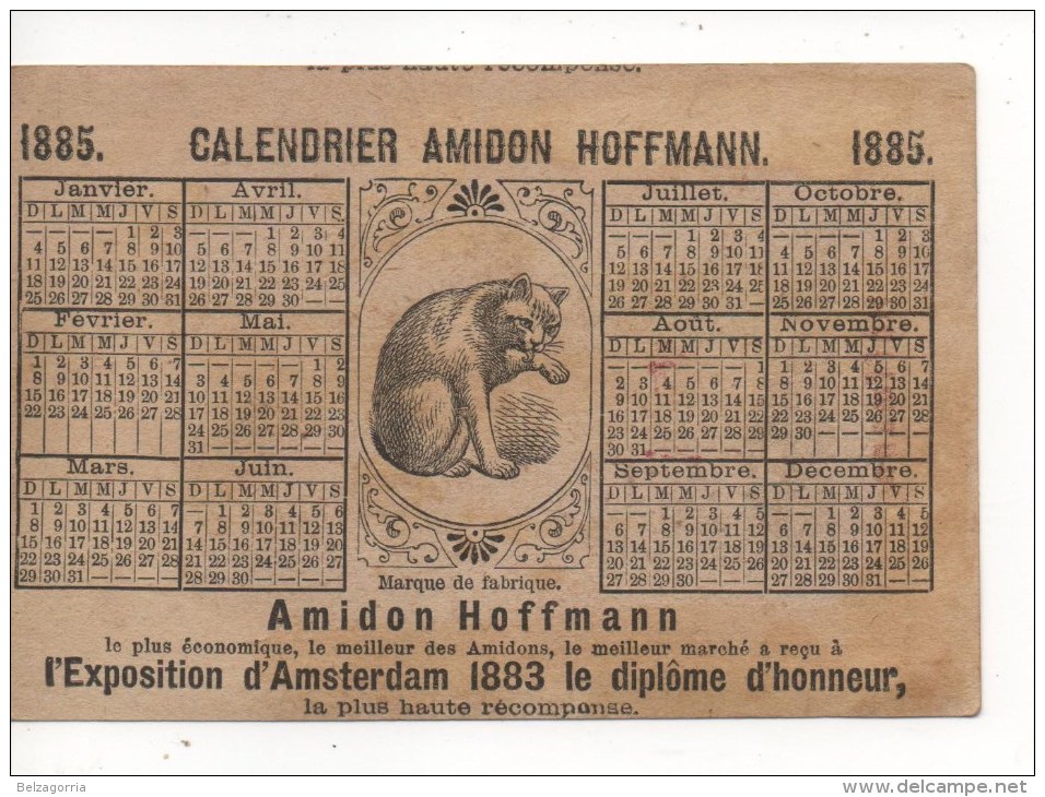 CHROMOS DORE  HOFFMANN  AMIDON - CALENDRIER 1885, FILLETTE, CHAT BLANC, FLEURS ASSEZ RARE,  MAGNIFIQUE - Autres & Non Classés